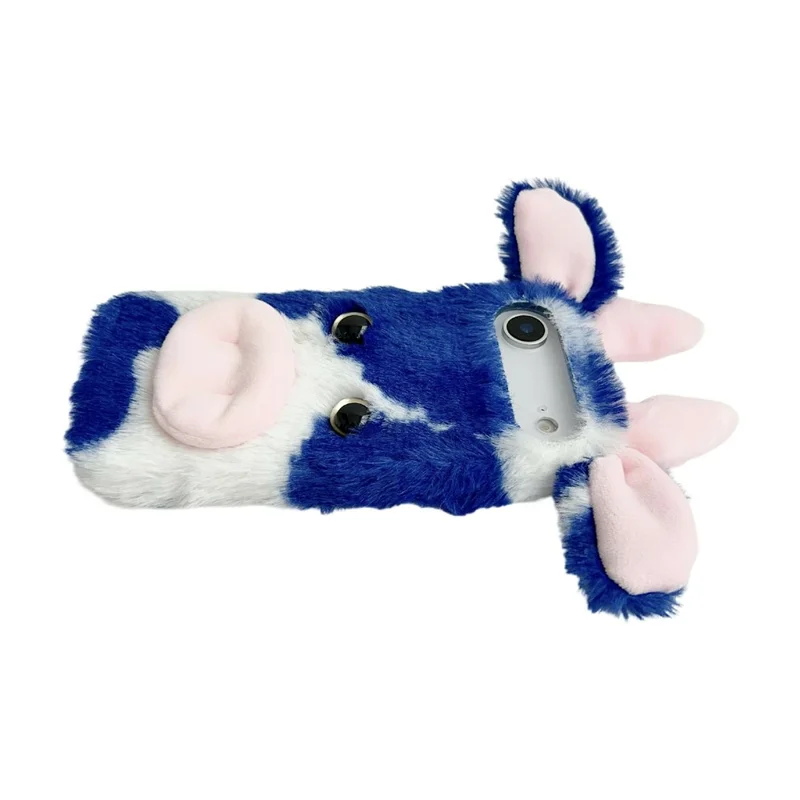 For iPhone 17 Air Case Fluffy Cute Cow Winter Plush Inner TPU Phone Cover - Blue