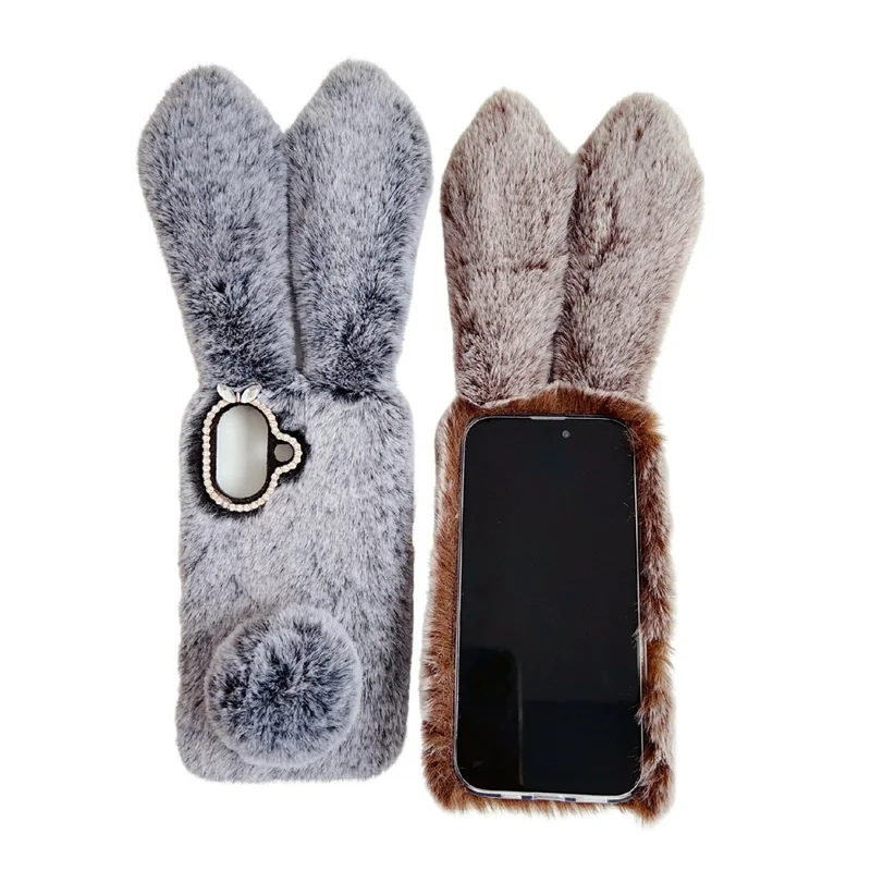 For iPhone 17 Case Plush Cute Bunny Winter Fluffy TPU Phone Cover - Brown