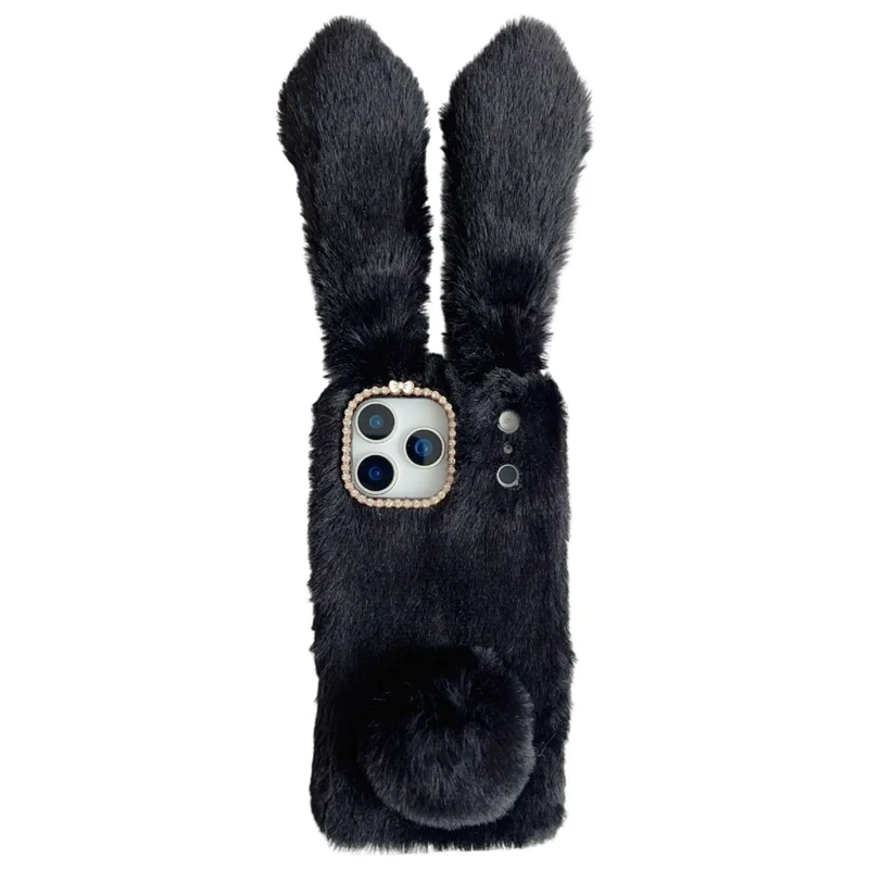 For iPhone 17 Pro Case Plush Cute Bunny Winter Fluffy TPU Phone Cover - Black