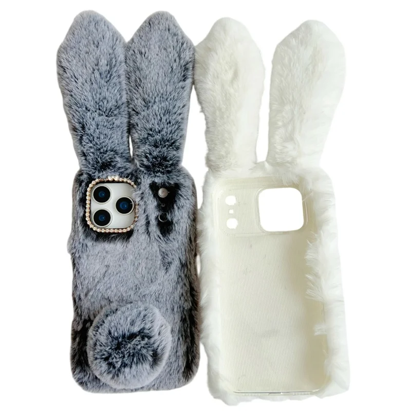 For iPhone 17 Pro Case Plush Cute Bunny Winter Fluffy TPU Phone Cover - Black
