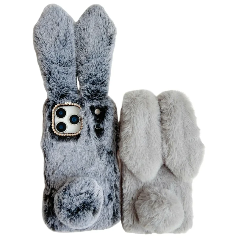 For iPhone 17 Pro Case Plush Cute Bunny Winter Fluffy TPU Phone Cover - Black