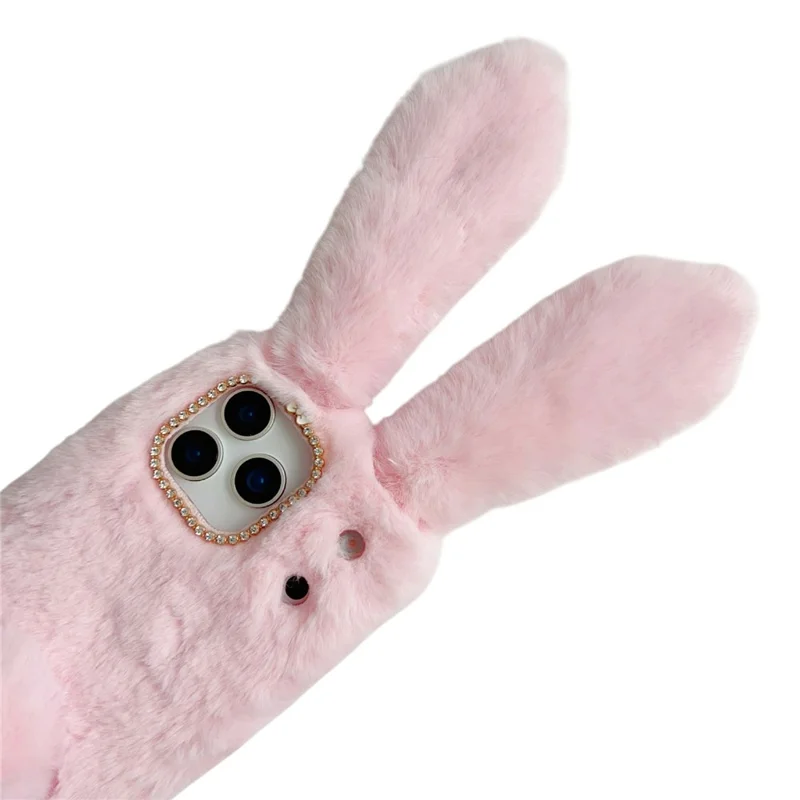 For iPhone 17 Pro Case Plush Cute Bunny Winter Fluffy TPU Phone Cover - Black