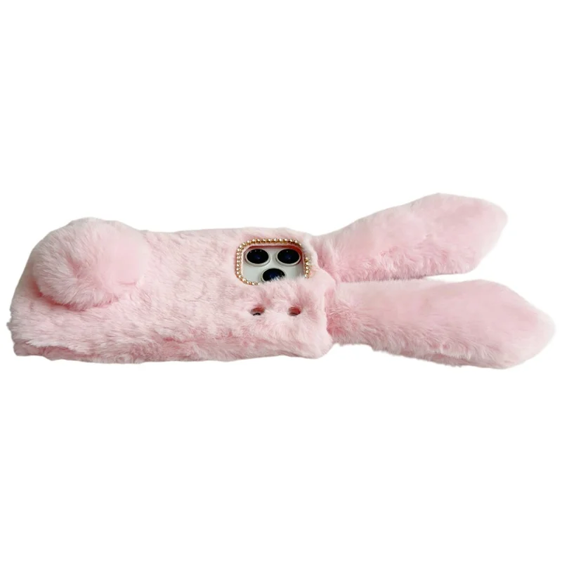 For iPhone 17 Pro Case Plush Cute Bunny Winter Fluffy TPU Phone Cover - Black