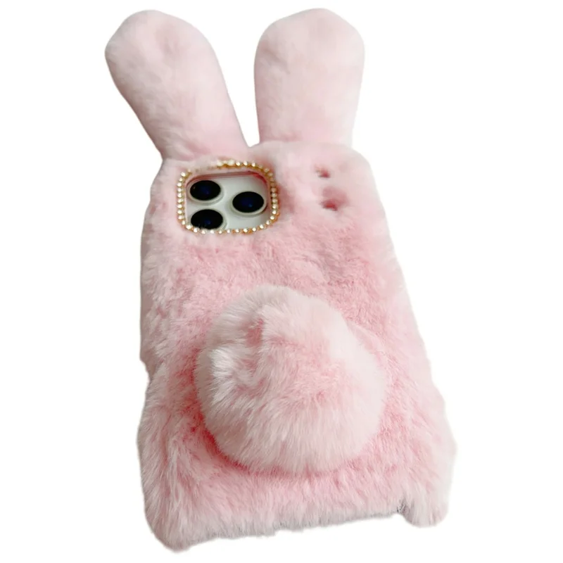 For iPhone 17 Pro Case Plush Cute Bunny Winter Fluffy TPU Phone Cover - Black