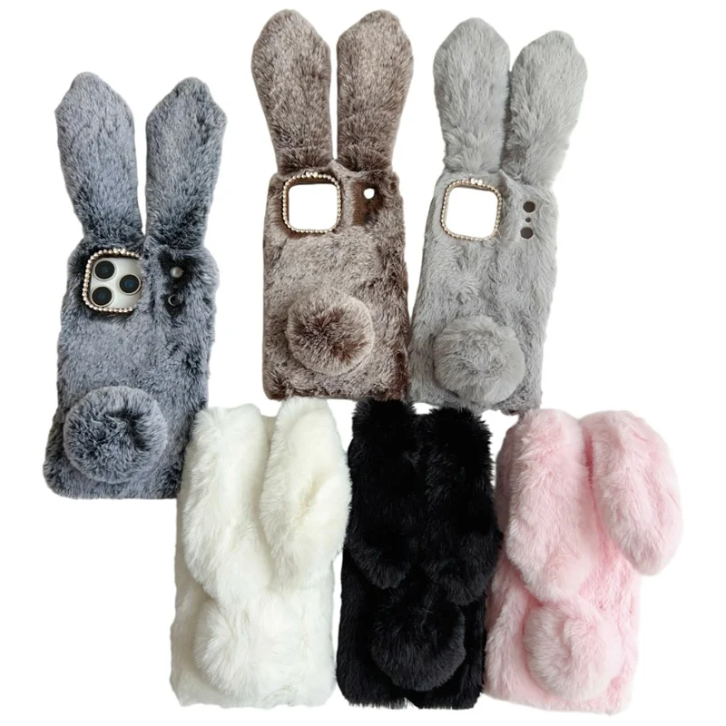 For iPhone 17 Pro Case Plush Cute Bunny Winter Fluffy TPU Phone Cover - Black