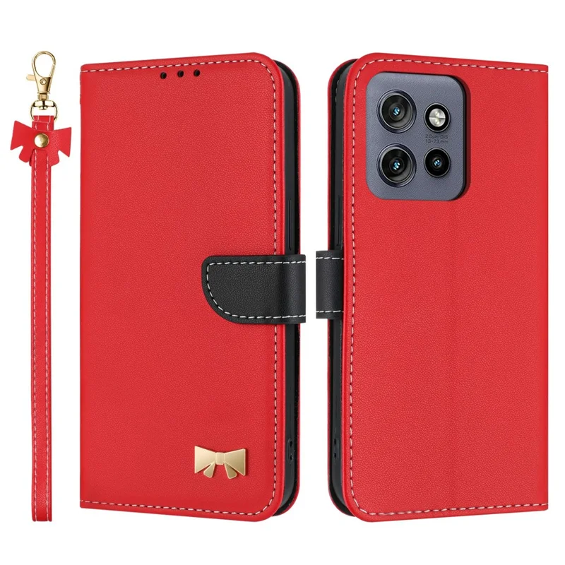 For Motorola Moto G56 5G Case Bowknot Decor Wallet Leather Phone Cover with Wrist Strap - Red