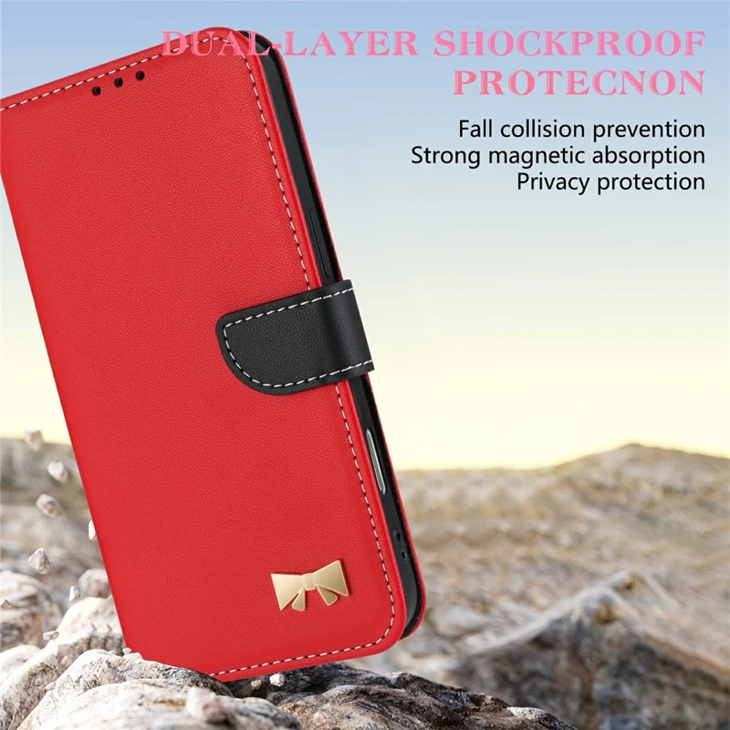 For Motorola Moto G56 5G Case Bowknot Decor Wallet Leather Phone Cover with Wrist Strap - Red