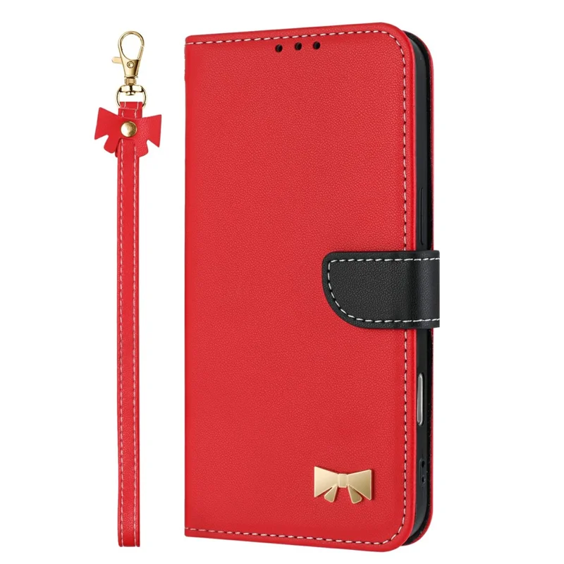 For Motorola Moto G86 5G Case Bowknot Decor Wallet Leather Phone Cover with Wrist Strap - Red