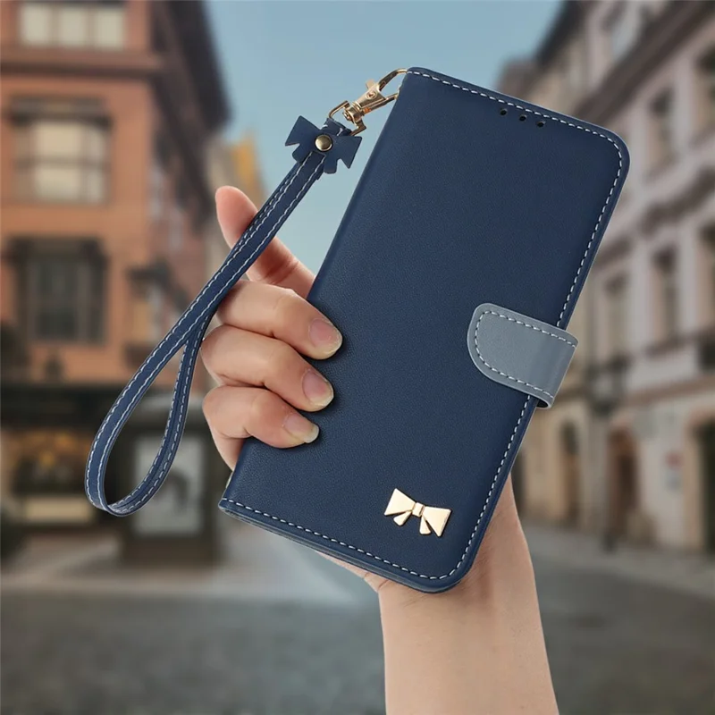 For Realme C71 4G Case Bowknot Decor Wallet Leather Phone Cover with Wrist Strap - Dark Blue