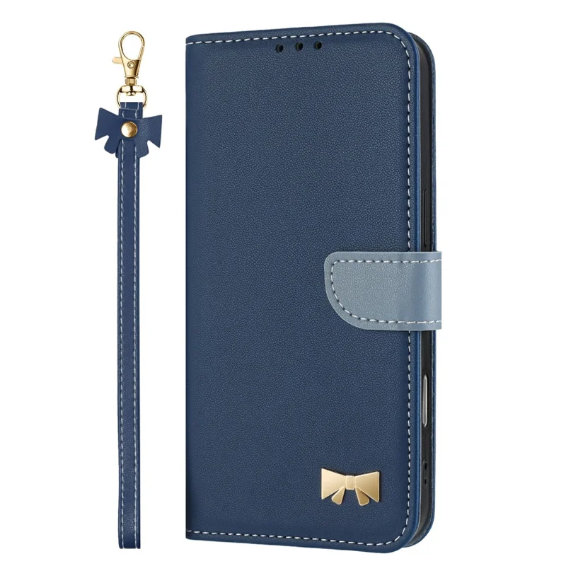 For Realme C71 4G Case Bowknot Decor Wallet Leather Phone Cover with Wrist Strap - Dark Blue