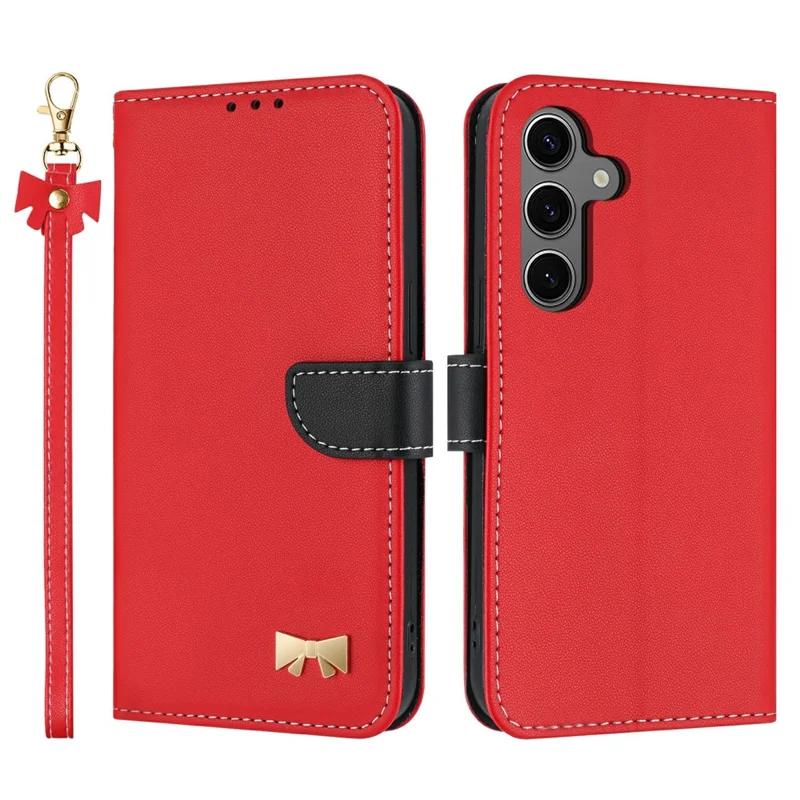 Samsung Galaxy S25 FE hoesje met strikdecor, portemonnee en lederen telefoonhoes met polsbandje - Rood