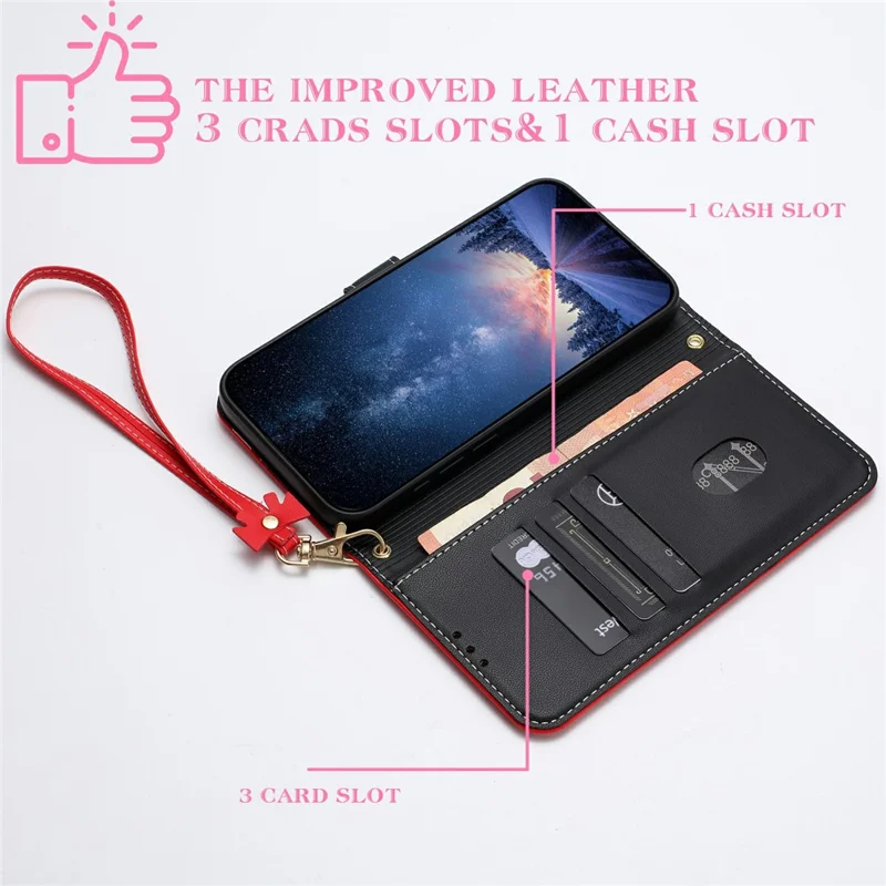 Для Xiaomi Redmi Note 14S 4G Чехол Бант Украшение Кожаный Чехол для телефона с ремешком на запястье - Красный