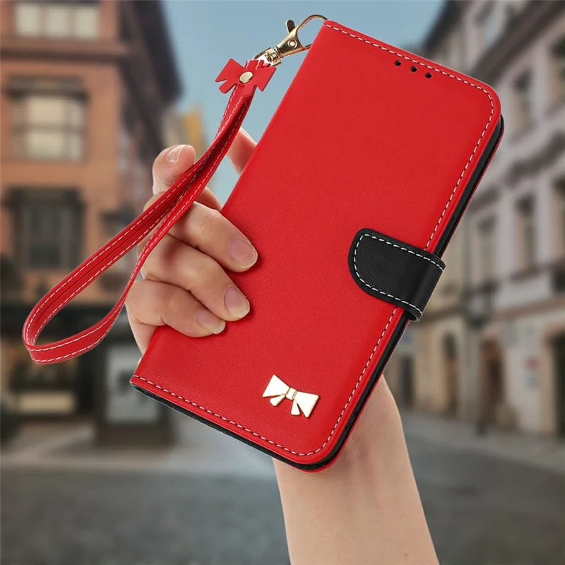 Для Xiaomi Redmi Note 14S 4G Чехол Бант Украшение Кожаный Чехол для телефона с ремешком на запястье - Красный