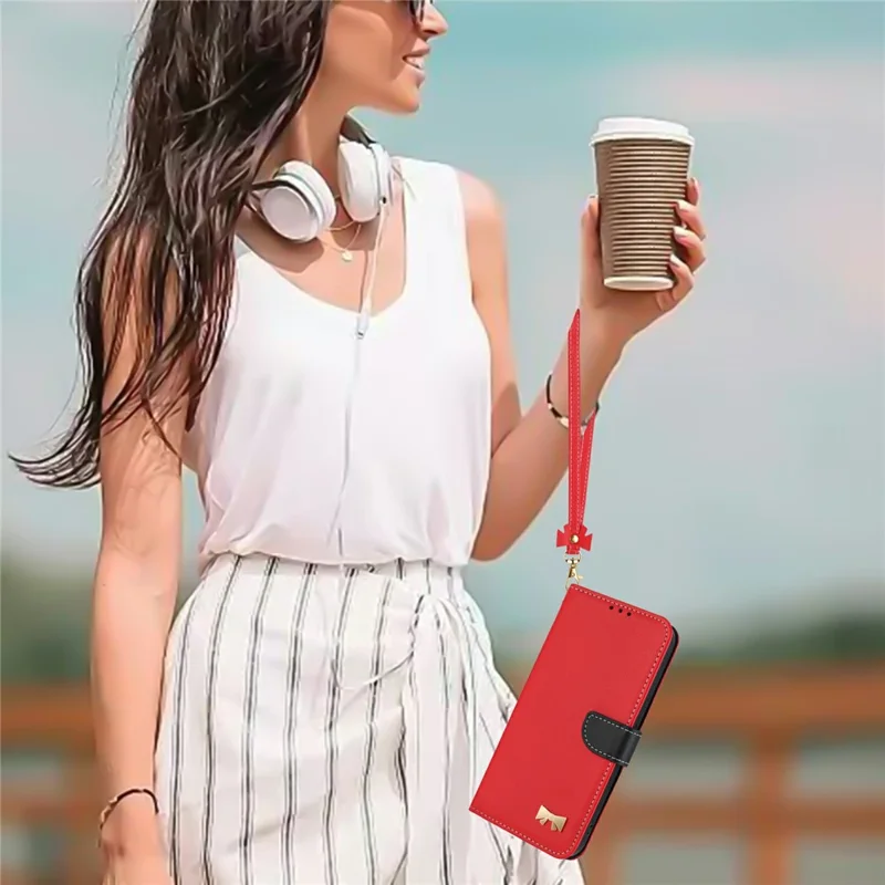 Для Xiaomi Redmi Note 14S 4G Чехол Бант Украшение Кожаный Чехол для телефона с ремешком на запястье - Красный