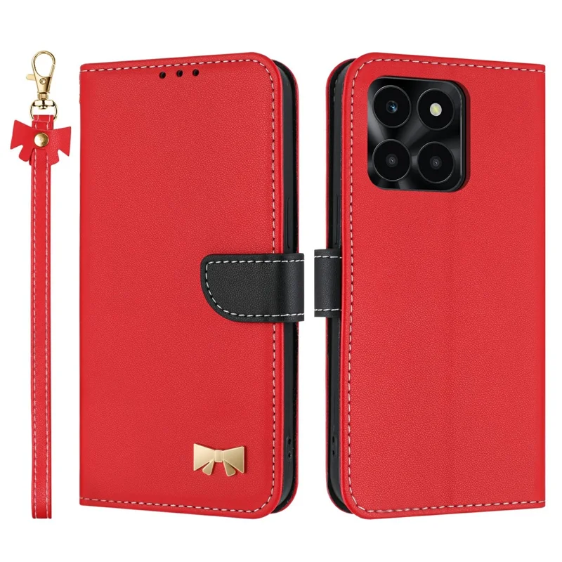 For Honor X6c 4G Case Bowknot Decor Wallet Leather Phone Cover with Wrist Strap - Red