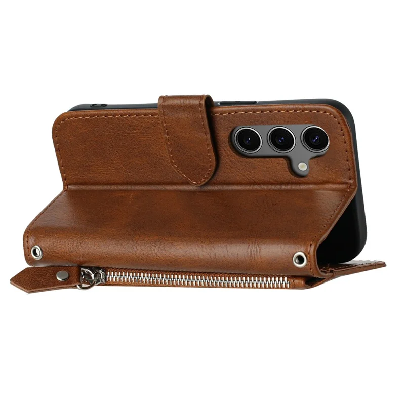 Samsung Galaxy S25 FE hoesje met ritssluiting, portemonnee van leer met polsbandje - Bruin