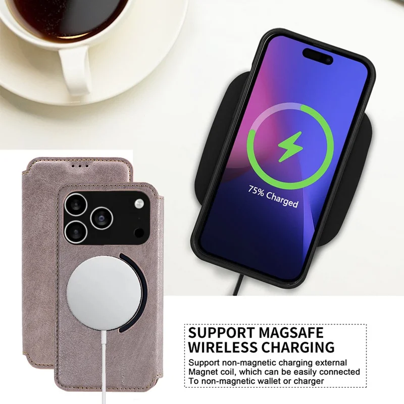 Til iPhone 17 Pro Max Case Kompatibel med MagSafe Wallet Stand Læder Flip Telefonbeskyttelse - Lilla