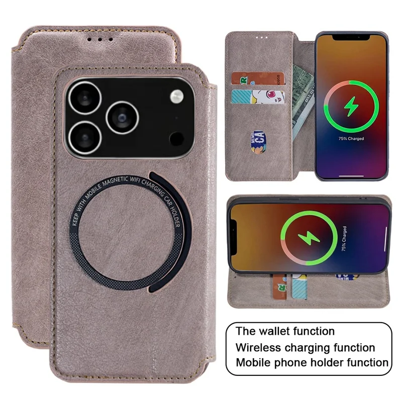 Til iPhone 17 Pro Max Case Kompatibel med MagSafe Wallet Stand Læder Flip Telefonbeskyttelse - Lilla