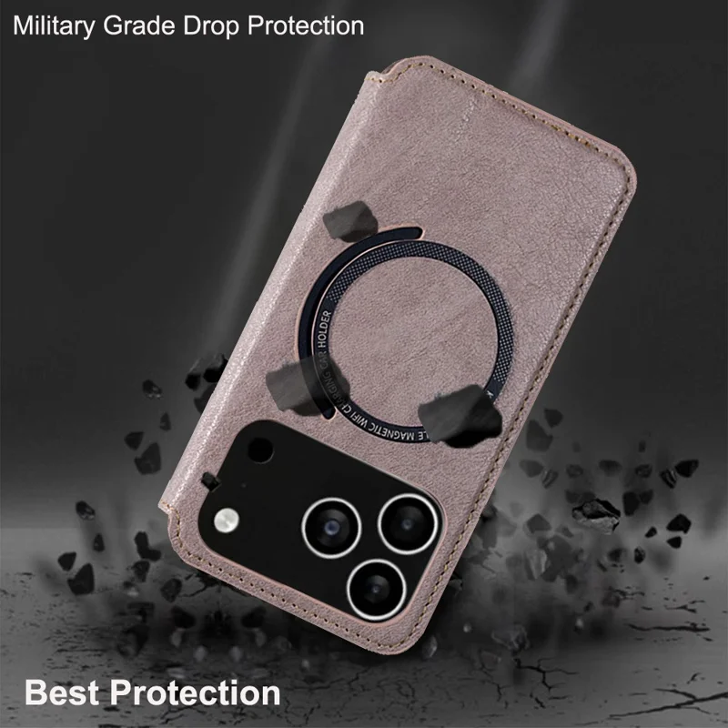 For iPhone 17 Pro Max Case Compatible with MagSafe Wallet Stand Leather Flip Phone Cover - Black