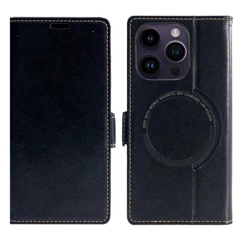 For iPhone 16 Pro Case Compatible with MagSafe Wallet Stand Leather Flip Phone Cover - Black