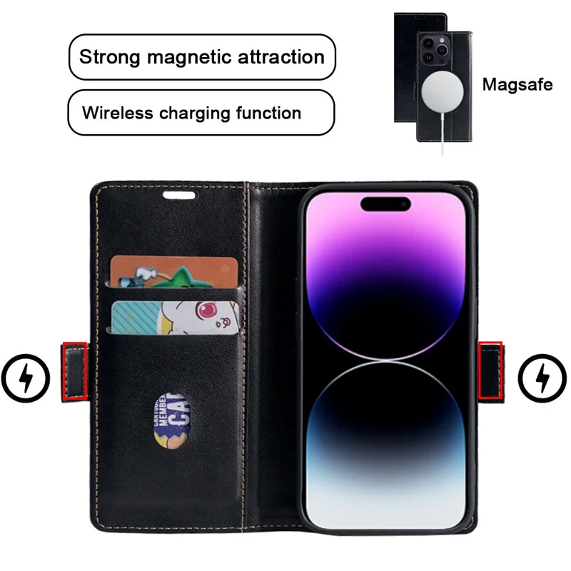 For iPhone 16 Pro Case Compatible with MagSafe Wallet Stand Leather Flip Phone Cover - Black