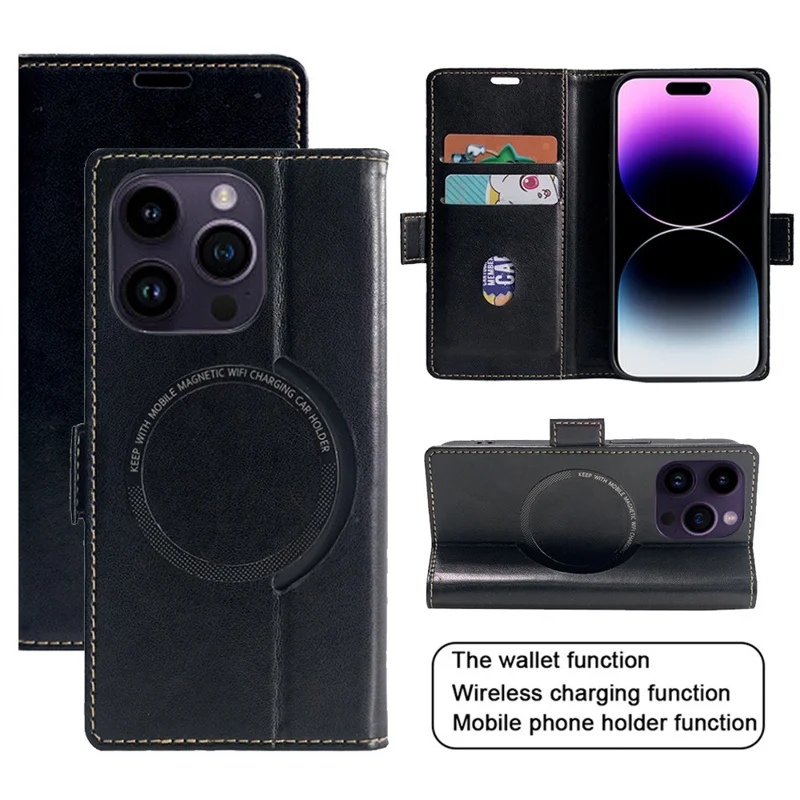 For iPhone 16 Pro Case Compatible with MagSafe Wallet Stand Leather Flip Phone Cover - Black