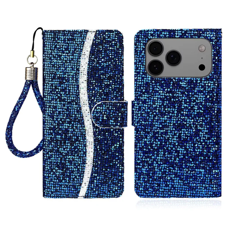 For iPhone 17 Pro Case PU Leather Wallet Card Slots Glitter Phone Cover - Blauw