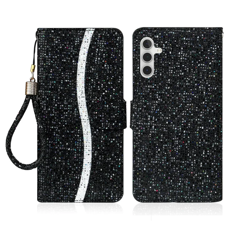 For Samsung Galaxy S25 FE Case PU Leather Wallet Card Slots Glitter Phone Cover - Black