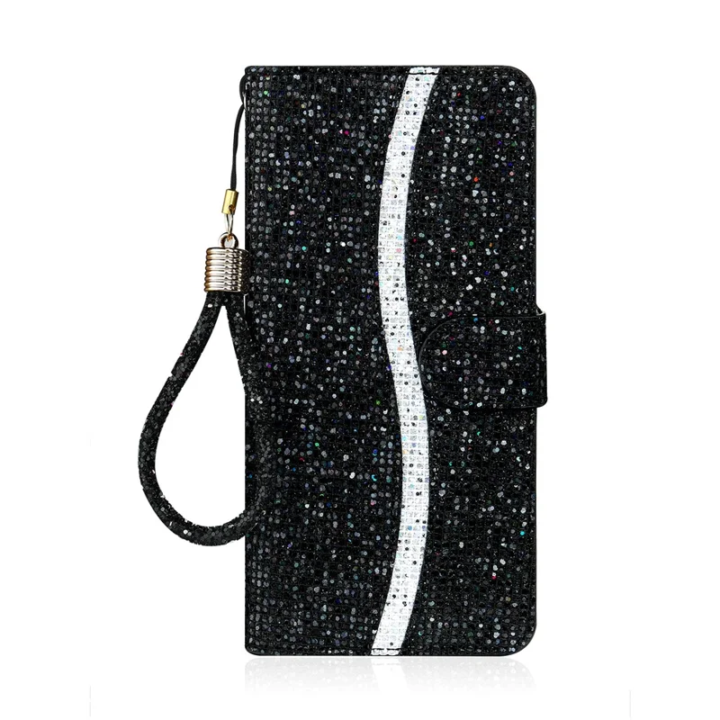 For Samsung Galaxy S25 FE Case PU Leather Wallet Card Slots Glitter Phone Cover - Black