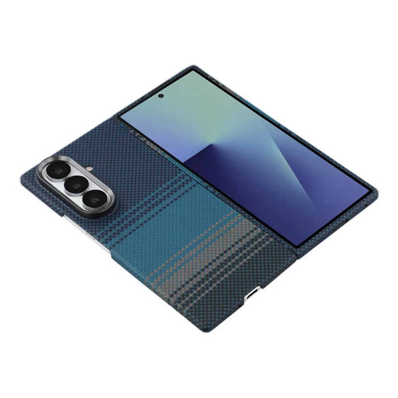 Für Samsung Galaxy Z Fold7 5G Hülle Gradient Aramid-Faser Magnetische Handyhülle mit Metall-Objektiv-Rahmen - Blaue schwebende Webart