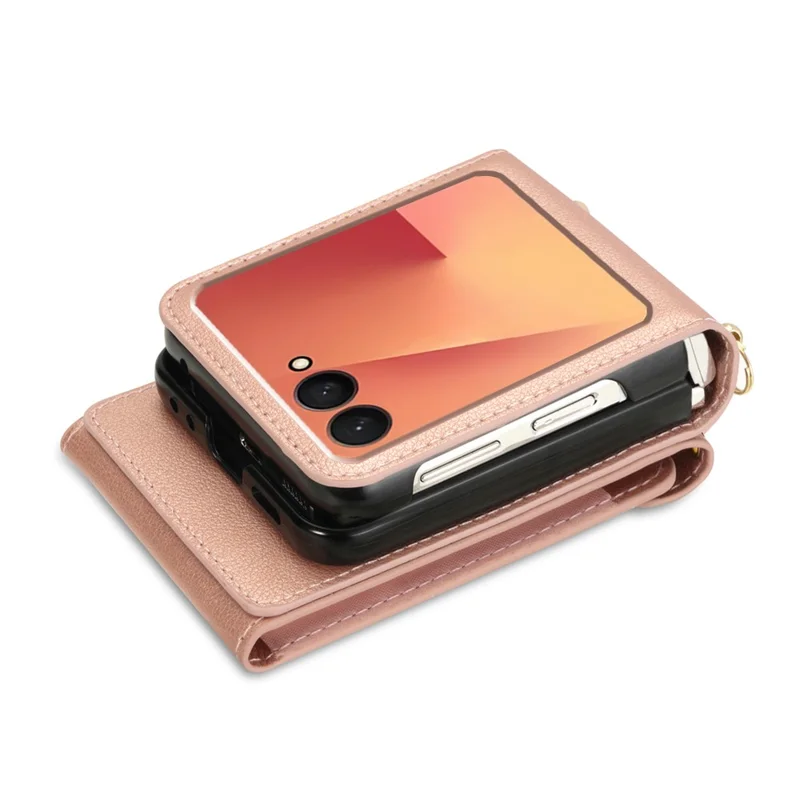 For Samsung Galaxy Z Flip7 5G Case Zipper Wallet Design PU PC Phone Cover with Long Strap - Rose Gold