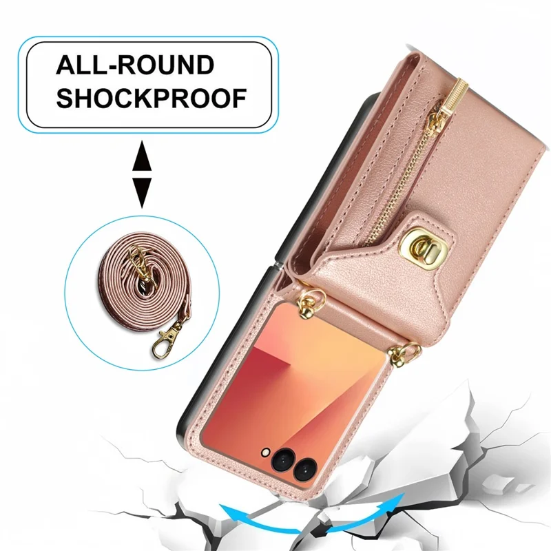 For Samsung Galaxy Z Flip7 5G Case Zipper Wallet Design PU PC Phone Cover with Long Strap - Rose Gold