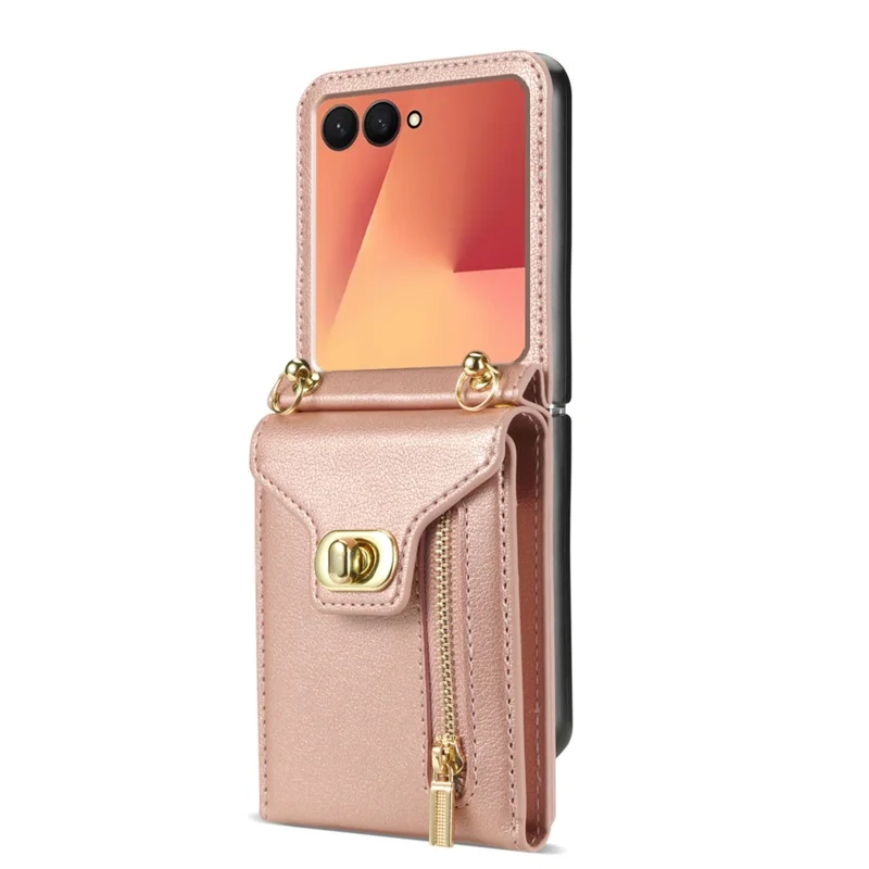 For Samsung Galaxy Z Flip7 5G Case Zipper Wallet Design PU PC Phone Cover with Long Strap - Rose Gold