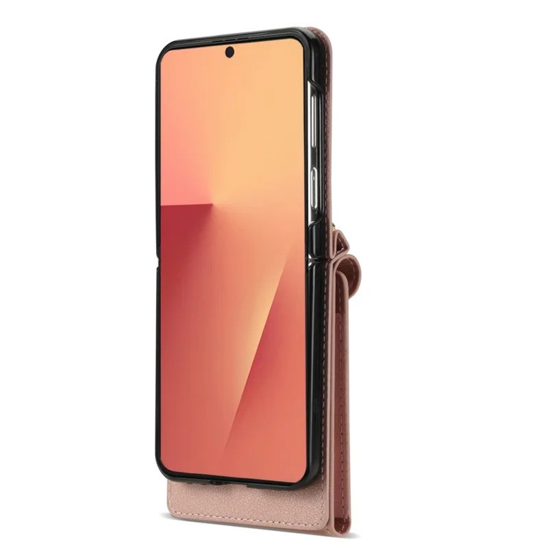 For Samsung Galaxy Z Flip7 5G Case Zipper Wallet Design PU PC Phone Cover with Long Strap - Rose Gold