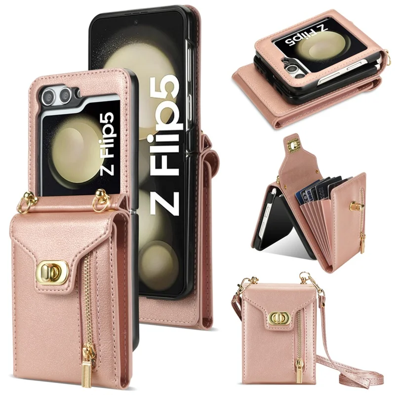 For Samsung Galaxy Z Flip6 5G / Flip7 FE 5G Case Zipper Wallet Design PU PC Phone Cover with Long Strap - Rose Gold