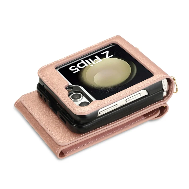 For Samsung Galaxy Z Flip6 5G / Flip7 FE 5G Case Zipper Wallet Design PU PC Phone Cover with Long Strap - Rose Gold