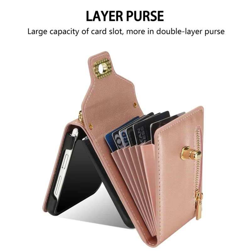 For Samsung Galaxy Z Flip6 5G / Flip7 FE 5G Case Zipper Wallet Design PU PC Phone Cover with Long Strap - Rose Gold