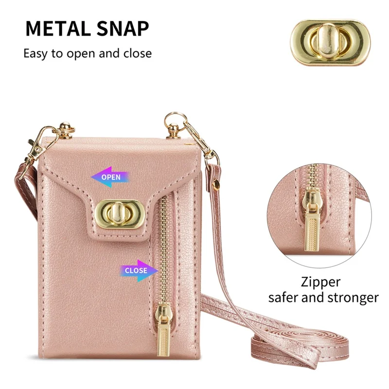 For Samsung Galaxy Z Flip6 5G / Flip7 FE 5G Case Zipper Wallet Design PU PC Phone Cover with Long Strap - Rose Gold