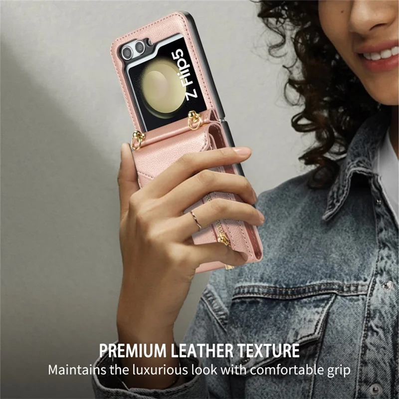 For Samsung Galaxy Z Flip6 5G / Flip7 FE 5G Case Zipper Wallet Design PU PC Phone Cover with Long Strap - Rose Gold