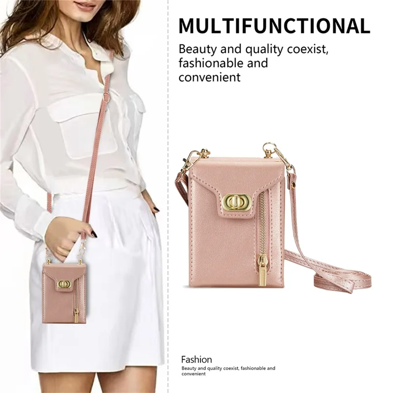 For Samsung Galaxy Z Flip6 5G / Flip7 FE 5G Case Zipper Wallet Design PU PC Phone Cover with Long Strap - Rose Gold