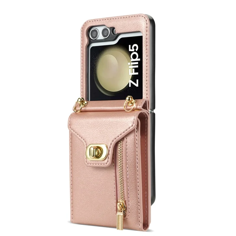 For Samsung Galaxy Z Flip6 5G / Flip7 FE 5G Case Zipper Wallet Design PU PC Phone Cover with Long Strap - Rose Gold
