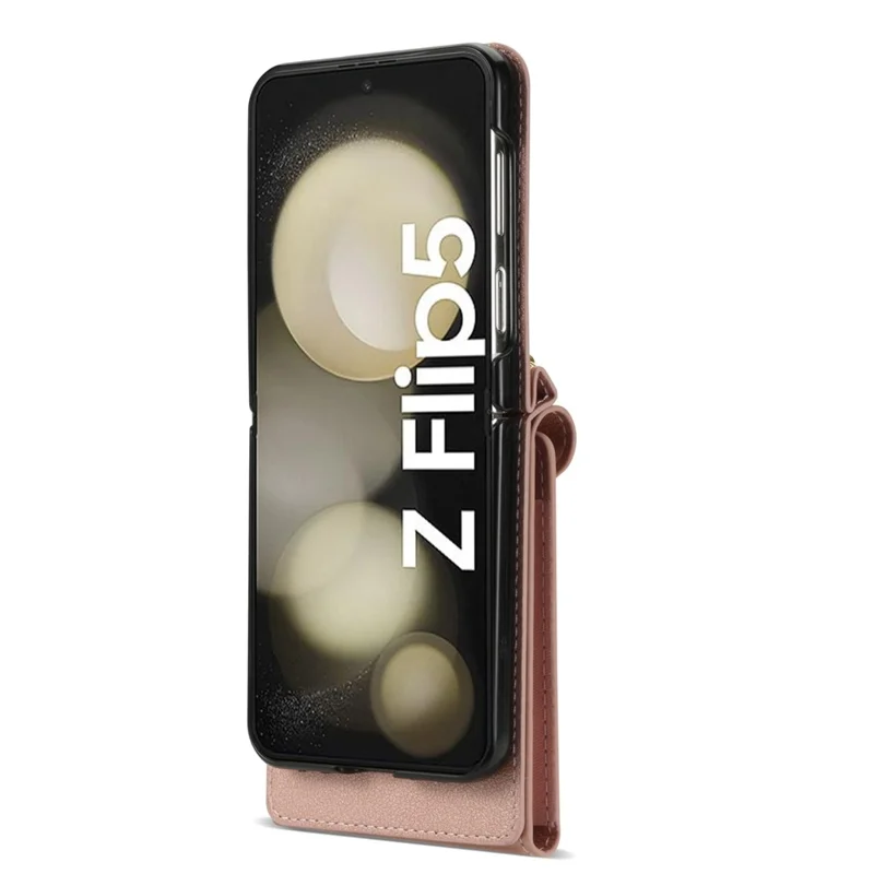 For Samsung Galaxy Z Flip6 5G / Flip7 FE 5G Case Zipper Wallet Design PU PC Phone Cover with Long Strap - Rose Gold