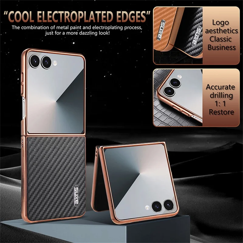 AZNS Étui pour Samsung Galaxy Z Flip7 5G Texture en fibre de carbone électroplaquée PU+PC - Noir