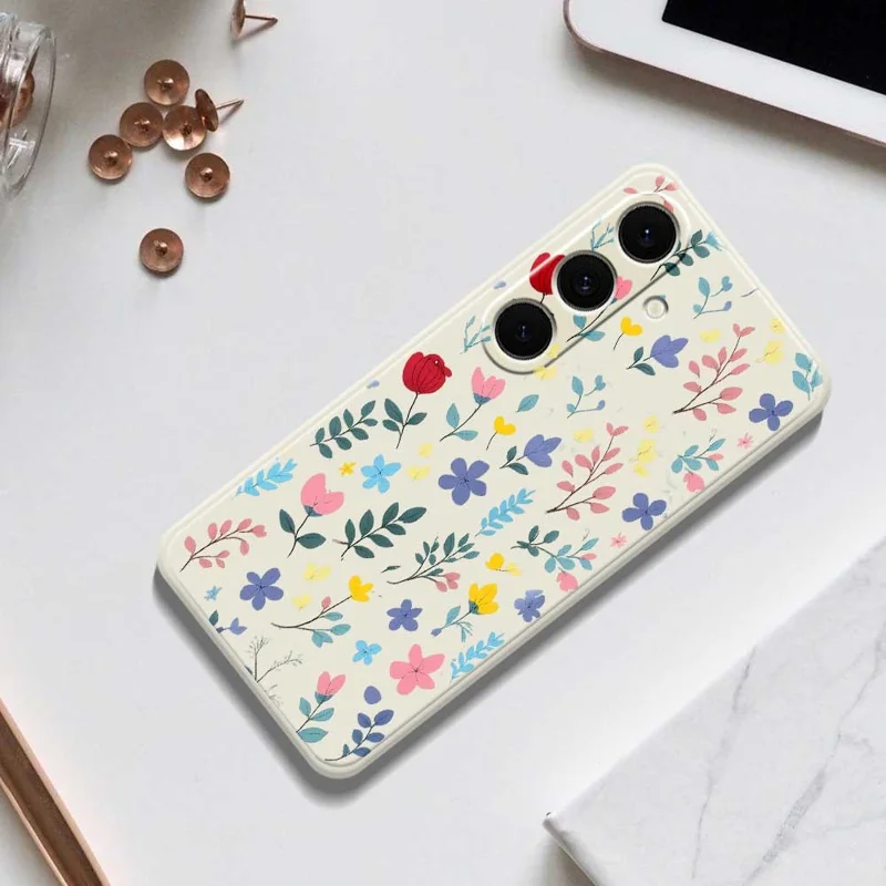 For Samsung Galaxy S24 FE Case Colorful Flower Branches Pattern Printing Straight Edge TPU Phone Back Cover - Beige