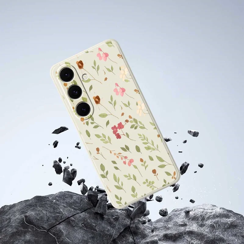 For Samsung Galaxy S24 FE Case Small Flower Leaves Pattern Printing Straight Edge TPU Phone Back Cover - Beige