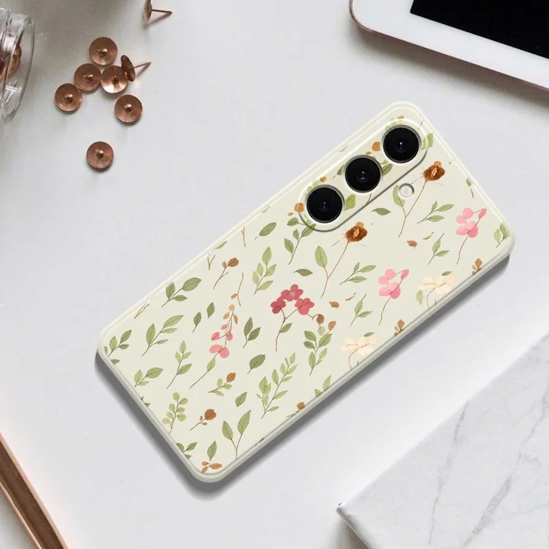 For Samsung Galaxy S24 FE Case Small Flower Leaves Pattern Printing Straight Edge TPU Phone Back Cover - Beige