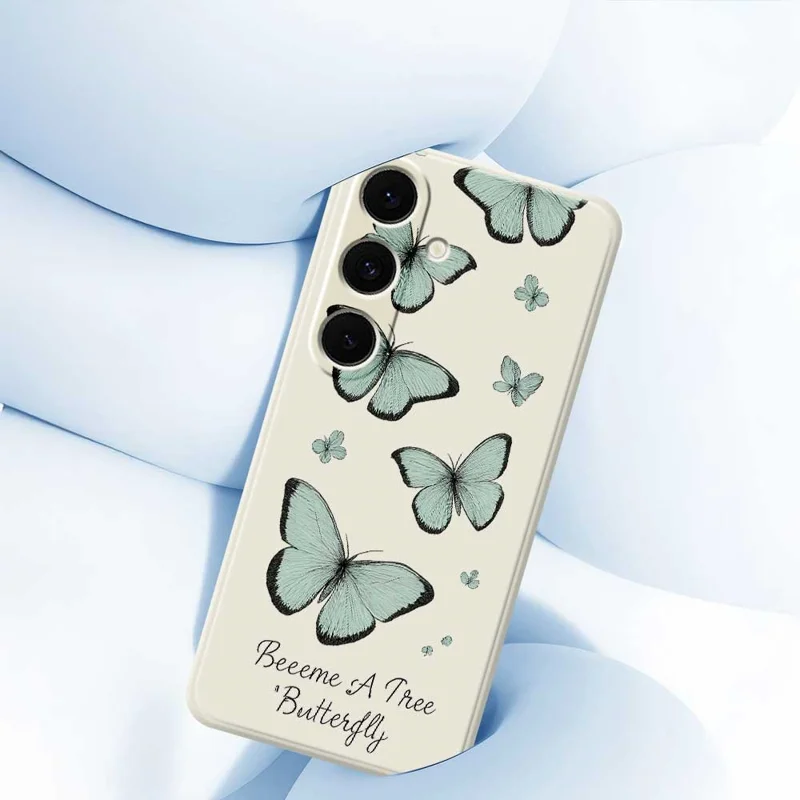 For Samsung Galaxy S24 FE Case Green Butterfly Pattern Printing Straight Edge TPU Phone Back Cover - Beige