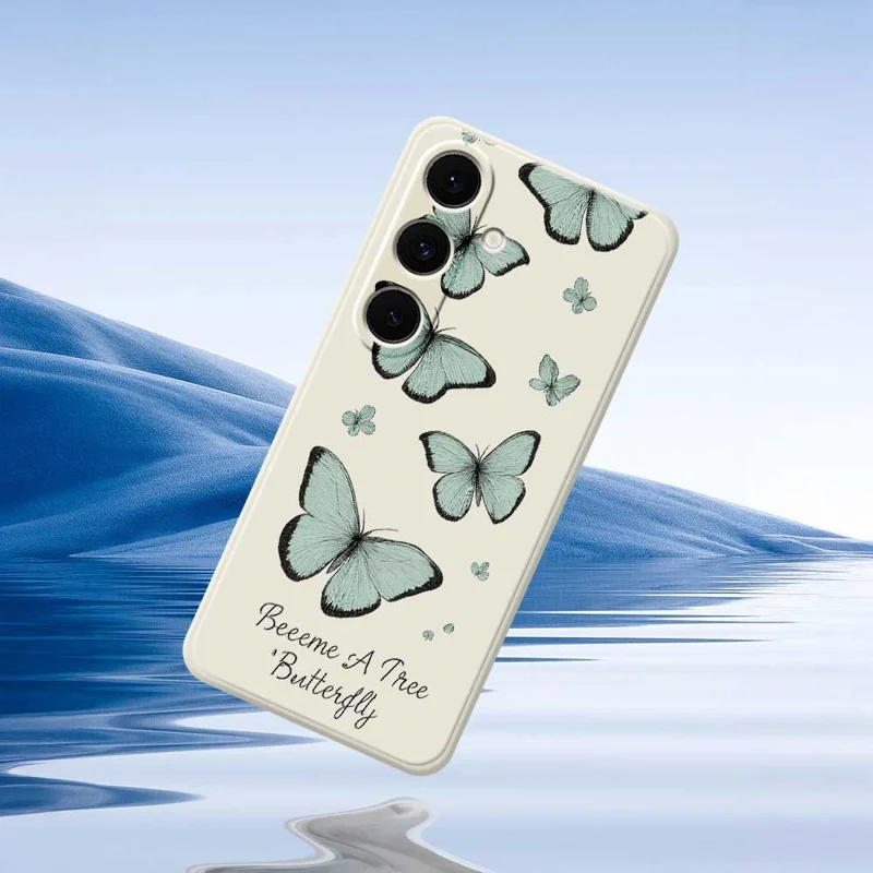 For Samsung Galaxy S24 FE Case Green Butterfly Pattern Printing Straight Edge TPU Phone Back Cover - Beige