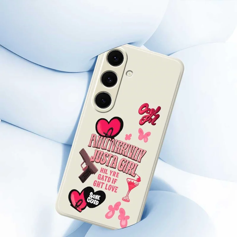 For Samsung Galaxy S24 FE Case Pink Elements Pattern Printing Straight Edge TPU Phone Back Cover - Beige
