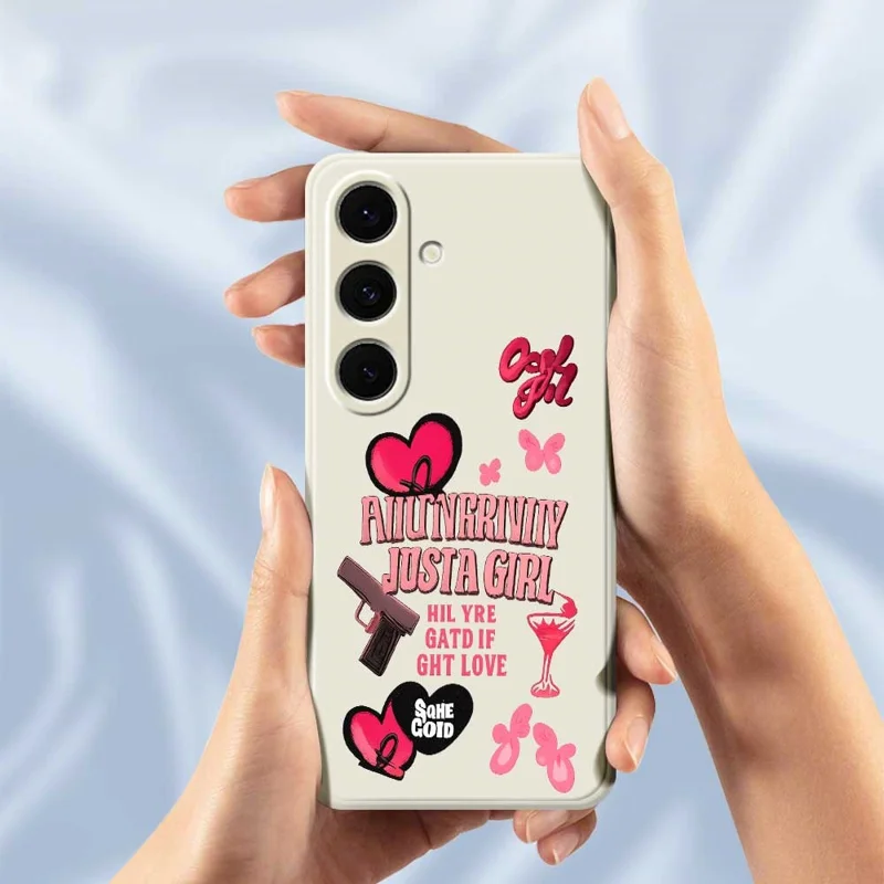 For Samsung Galaxy S24 FE Case Pink Elements Pattern Printing Straight Edge TPU Phone Back Cover - Beige